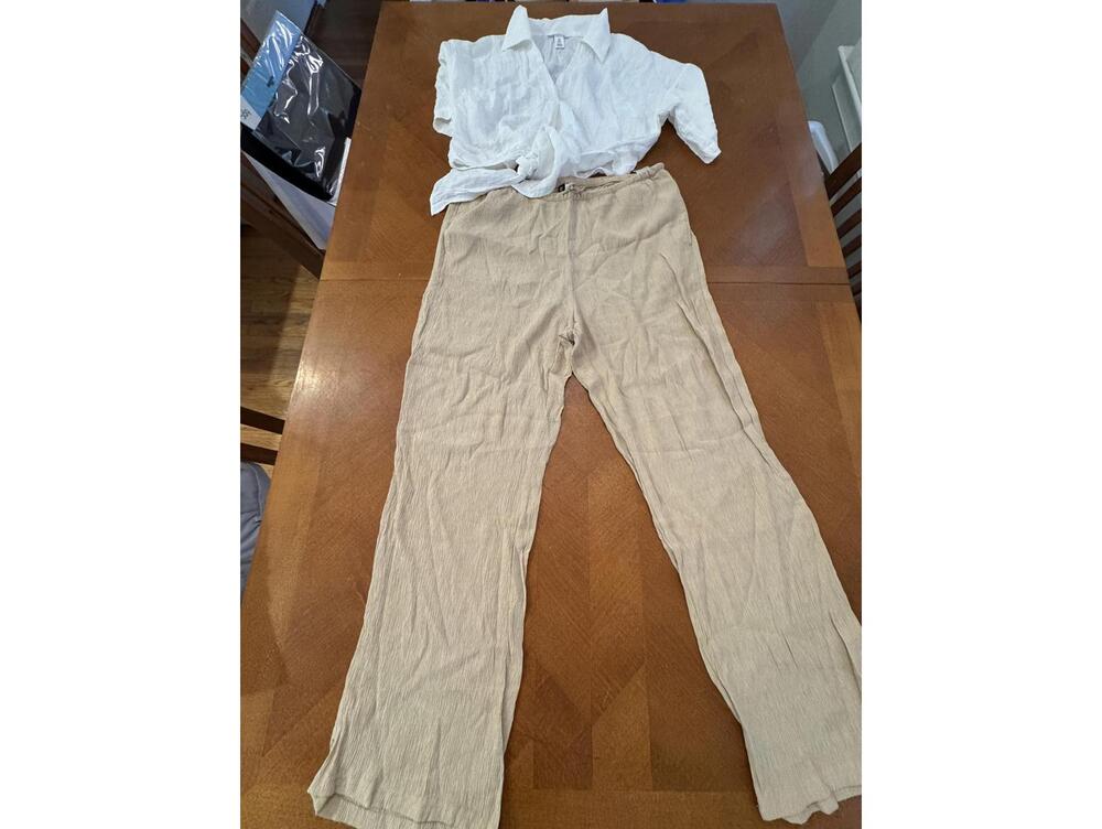 White Button-Up Shirt and Beige Crinkle Pants Set